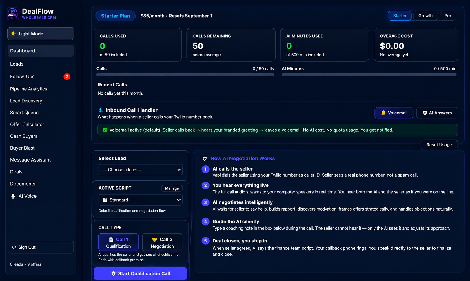 DealFlow AI Voice dashboard showing call usage, seller call controls, inbound call handling, and AI negotiation workflow.
